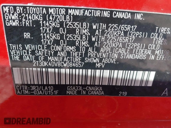 2012 Toyota RAV4 Limited with VIN 2T3DK4DV8CW084657, listed as a IAAI auction lot 41881040 with 191,119 mi miles. Bid and sale history available at carsss.com. Image 9.