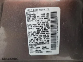 2012 Nissan Murano LE with VIN JN8AZ1MWXCW224445, listed as a Copart auction lot 50369255 with 69,358 mi miles and Salvage Title. Bid and sale history available at carsss.com. Image 14.