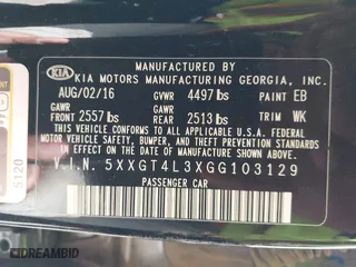 2016 Kia Optima LX with VIN 5XXGT4L3XGG103129, listed as a IAAI auction lot 41830841 with 1 mi miles. Bid and sale history available at carsss.com. Image 9.