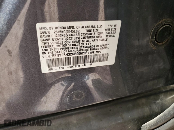 2016 Honda Pilot EX with VIN 5FNYF5H32GB006293, listed as a Copart auction lot 50830755 with 146,667 mi miles and Salvage Title. Bid and sale history available at carsss.com. Image 13.