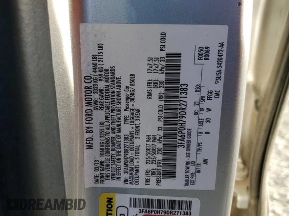 2013 Ford Fusion SE with VIN 3FA6P0H79DR271383, listed as a Copart auction lot 46373865 with 136,000 mi miles and Salvage Title. Bid and sale history available at carsss.com. Image 12.