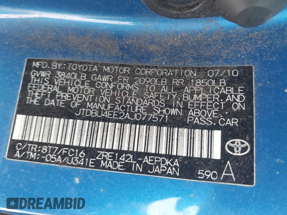 2010 Toyota Corolla with VIN JTDBU4EE2AJ077571, listed as a IAAI auction lot 42291883 with 142,989 mi miles and . Bid and sale history available at DreamBid. Image 9.