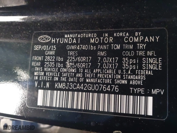 2016 Hyundai Tucson SE with VIN KM8J3CA42GU076476, listed as a IAAI auction lot 41272580 with 112,010 mi miles. Bid and sale history available at carsss.com. Image 9.