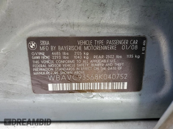 2008 BMW 3 Series 328xi z VIN WBAVC93568K040752, wystawiony jako Copart lot #45042605 z przebiegiem 162 092 mil mil oraz Czysty tytuł • Clean title. Historia ofert i sprzedaży dostępna na DreamBid. Obrazek 12.