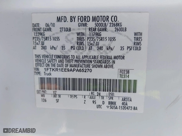 2010 Ford Ranger XL with VIN 1FTKR1EE9APA65270, listed as a IAAI auction lot 40468336 with 140,207 mi miles. Bid and sale history available at carsss.com. Image 9.