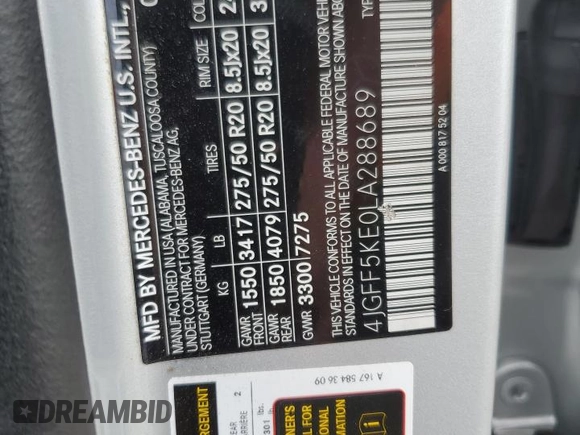 2020 Mercedes-Benz GLS 450 with VIN 4JGFF5KE0LA288689, listed as a Copart auction lot 58320244 with 27,718 mi miles and Salvage Title. Bid and sale history available at DreamBid. Image 13.