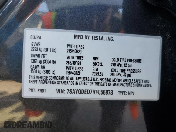 2024 Tesla Model Y with VIN 7SAYGDED7RF056973, listed as a Copart auction lot 55310705 with 15,391 mi miles and Salvage Title. Bid and sale history available at DreamBid. Image 12.