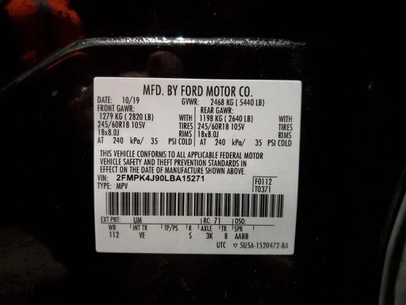 2020 Ford Edge SEL with VIN 2FMPK4J90LBA15271, listed as a Copart auction lot 45178525 with Not Provided miles and Non Repairable. Bid and sale history available at DreamBid. Image 14.