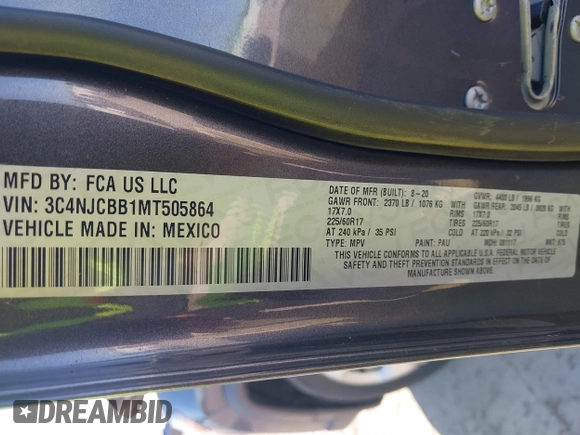 2021 Jeep Compass Latitude с VIN 3C4NJCBB1MT505864, выставлен на аукционе IAAI как лот 41851357 с пробегом 46 441 миль миль и . История ставок и продаж доступна на DreamBid. Изображение 9.