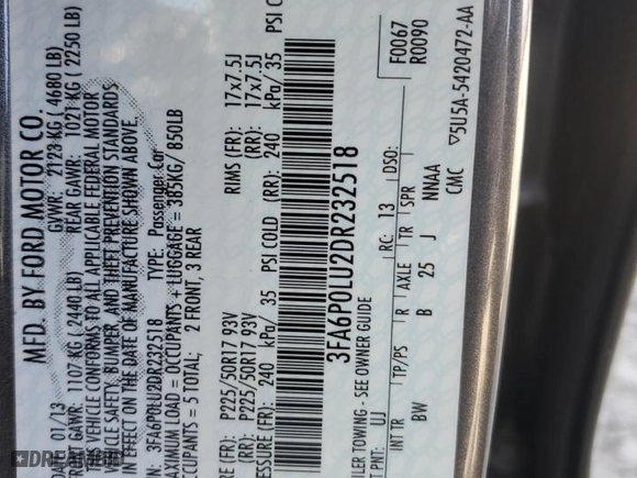 2013 Ford Fusion SE Hybrid with VIN 3FA6P0LU2DR232518, listed as a Copart auction lot 49186865 with 221,701 mi miles and Salvage Title. Bid and sale history available at carsss.com. Image 14.