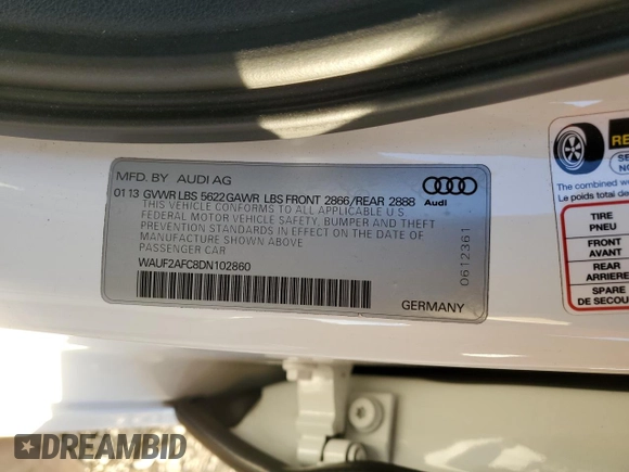 2013 Audi S6 Prestige with VIN WAUF2AFC8DN102860, listed as a Copart auction lot 79547724 with 98,485 mi miles and Salvage Title. Bid and sale history available at carsss.com. Image 12.