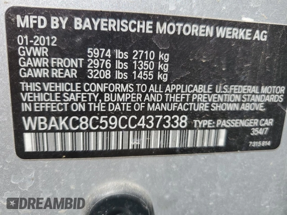 2012 BMW 7 Series 750Li xDrive with VIN WBAKC8C59CC437338, listed as a Copart auction lot 52570505 with 152,146 mi miles and Clean title. Bid and sale history available at DreamBid. Image 12.