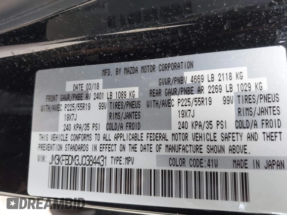 2018 Mazda CX-5 Grand Touring with VIN JM3KFBDM3J0384431, listed as a IAAI auction lot 42013474 with 65,018 mi miles. Bid and sale history available at carsss.com. Image 9.