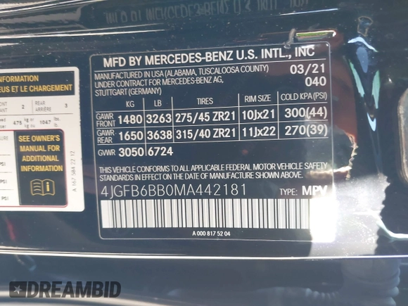 2021 Mercedes-Benz GLE 53 AMG with VIN 4JGFB6BB0MA442181, listed as a IAAI auction lot 40923291 with Not provided miles and . Bid and sale history available at DreamBid. Image 9.