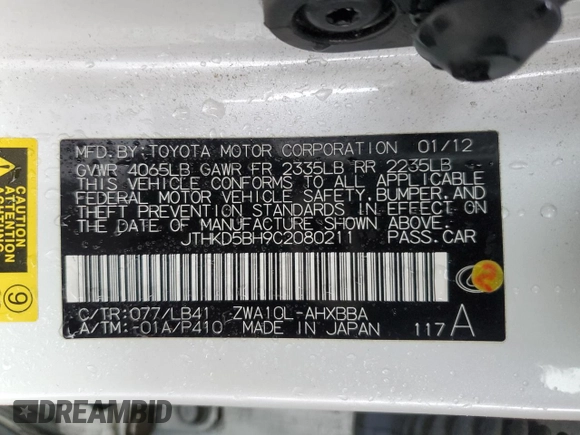 2012 Lexus CT 200h z VIN JTHKD5BH9C2080211, wystawiony jako Copart lot #47530625 z przebiegiem 114 971 mil mil oraz Szkoda całkowita • Salvage title. Historia ofert i sprzedaży dostępna na DreamBid. Obrazek 13.