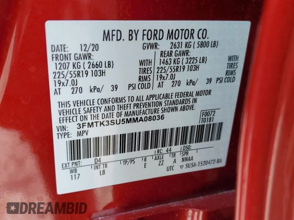 2021 Ford Mustang Mach-E Premium with VIN 3FMTK3SU5MMA08036, listed as a Copart auction lot 54917525 with 45,696 mi miles and Salvage Title. Bid and sale history available at DreamBid. Image 13.