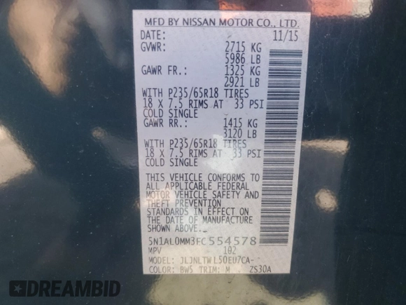 2015 Infiniti QX60 with VIN 5N1AL0MM3FC554578, listed as a Copart auction lot 53073125 with 152,412 mi miles and Clean Title. Bid and sale history available at DreamBid. Image 13.