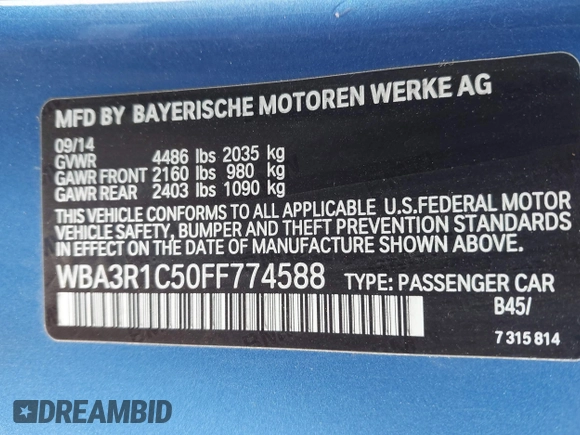 2015 BMW 4 Series 435i with VIN WBA3R1C50FF774588, listed as a IAAI auction lot 42001394 with 96,400 mi miles and . Bid and sale history available at carsss.com. Image 9.