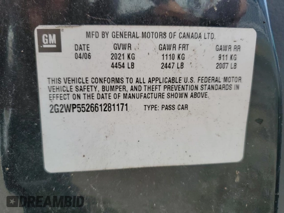 2006 Pontiac Grand Prix with VIN 2G2WP552661281171, listed as a Copart auction lot 51368515 with 0 mi miles and Clean Title. Bid and sale history available at carsss.com. Image 12.