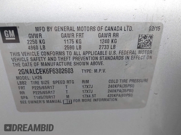 2015 Chevrolet Equinox LT with VIN 2GNALCEK6F6302603, listed as a IAAI auction lot 41978434 with 185,059 mi miles. Bid and sale history available at carsss.com. Image 9.