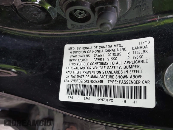 2014 Honda Civic Sedan LX with VIN 2HGFB2F5XEH503249, listed as a IAAI auction lot 42039949 with 141,952 mi miles. Bid and sale history available at carsss.com. Image 9.