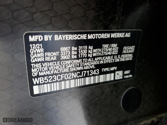 2022 BMW iX xDrive50 with VIN WB523CF02NCJ71343, listed as a Copart auction lot 53404674 with 14,917 mi miles and Salvage Title. Bid and sale history available at carsss.com. Image 15.
