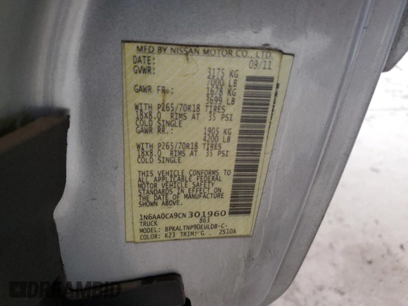 2012 Nissan Titan SE with VIN 1N6AA0CA9CN301960, listed as a Copart auction lot 48329725 with Not Provided miles and Salvage Title. Bid and sale history available at carsss.com. Image 12.