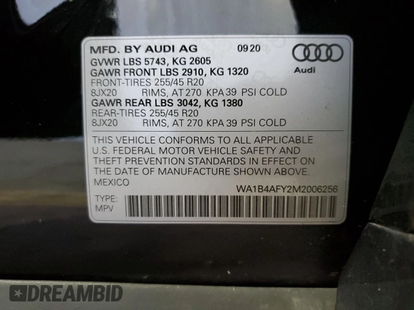 2021 Audi SQ5 Premium Plus with VIN WA1B4AFY2M2006256, listed as a Copart auction lot 70408134 with 34,866 mi miles and Salvage Title. Bid and sale history available at DreamBid. Image 13.