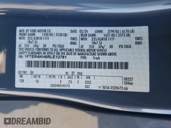 2024 Ford Ranger LARIAT with VIN 1FTER4KH6RLE12781, listed as a Copart auction lot 76406614 with 7,332 mi miles and Salvage Title. Bid and sale history available at carsss.com. Image 12.