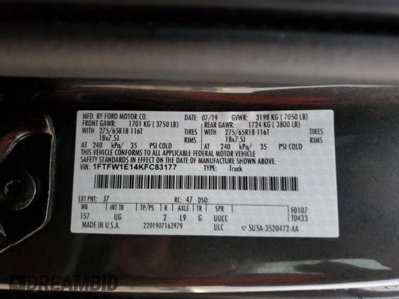 2019 Ford F-150 XL z VIN 1FTFW1E14KFC83177, wystawiony jako Copart lot #78226824 z przebiegiem 66 821 mil mil oraz Szkoda całkowita • Salvage title. Historia ofert i sprzedaży dostępna na DreamBid. Obrazek 14.