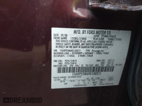 2009 Ford Taurus Limited z VIN 1FAHP25W69G100251, wystawiony jako IAAI lot #42289443 z przebiegiem 187 300 mil mil oraz . Historia ofert i sprzedaży dostępna na DreamBid. Obrazek 9.