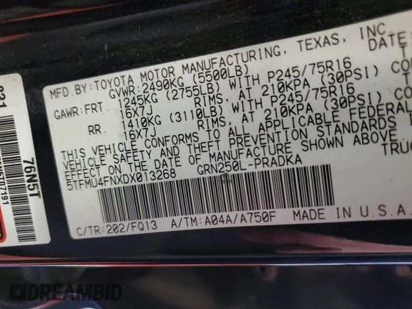 2013 Toyota Tacoma with VIN 5TFMU4FNXDX013268, listed as a IAAI auction lot 42631333 with 298,790 mi miles and . Bid and sale history available at DreamBid. Image 25.