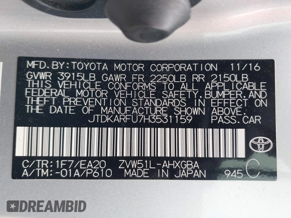 2017 Toyota Prius Two with VIN JTDKARFU7H3531159, listed as a IAAI auction lot 41282942 with 98,146 mi miles. Bid and sale history available at carsss.com. Image 9.