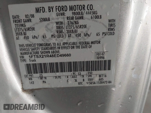 2008 Ford Super Duty F-250 SRW XL with VIN 1FTSX21R48ED49660, listed as a IAAI auction lot 41275675 with 193,731 mi miles. Bid and sale history available at carsss.com. Image 9.