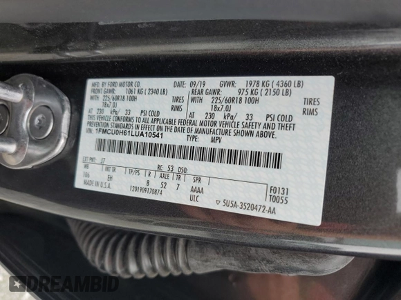 2020 Ford Escape SEL with VIN 1FMCU0H61LUA10541, listed as a Copart auction lot 58699915 with 45,149 mi miles and Salvage title. Bid and sale history available at DreamBid. Image 13.