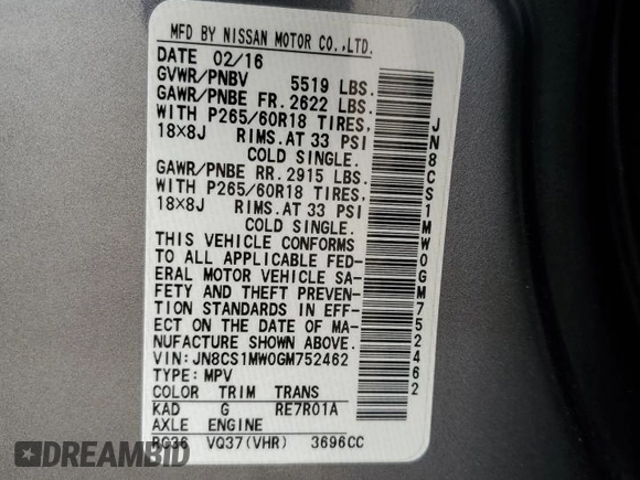 2016 Infiniti QX70 with VIN JN8CS1MW0GM752462, listed as a Copart auction lot 54750195 with 116,294 mi miles and Salvage title. Bid and sale history available at DreamBid. Image 13.