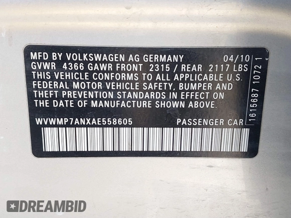 2010 Volkswagen CC Sport with VIN WVWMP7ANXAE558605, listed as a IAAI auction lot 41855410 with 175,307 mi miles and . Bid and sale history available at DreamBid. Image 9.