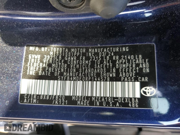 2024 Toyota Corolla LE with VIN 5YFB4MDE0RP144578, listed as a Copart auction lot 49483635 with 10,171 mi miles and Salvage Title. Bid and sale history available at carsss.com. Image 14.