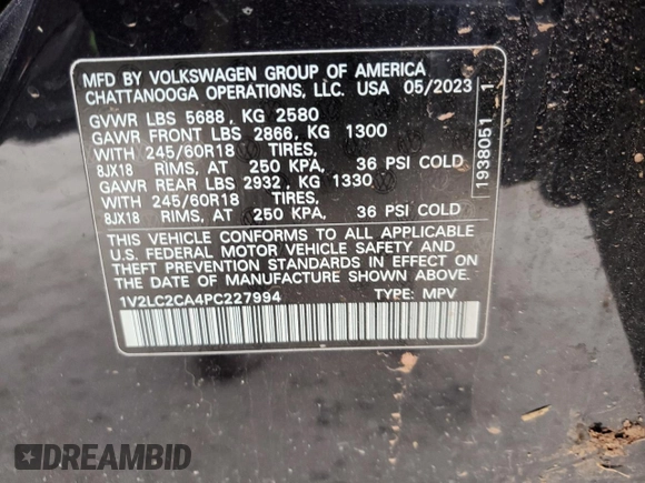 2023 Volkswagen Atlas SE with VIN 1V2LC2CA4PC227994, listed as a Copart auction lot 82517774 with 22,375 mi miles and Salvage title. Bid and sale history available at DreamBid. Image 15.