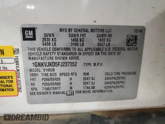2015 Chevrolet Traverse LTZ with VIN 1GNKVJKD5FJ237352, listed as a Copart auction lot 51510075 with 153,028 mi miles and Salvage Title. Bid and sale history available at DreamBid. Image 14.