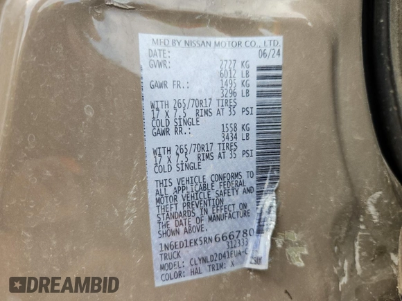 2024 Nissan Frontier SV z VIN 1N6ED1EK5RN666780, wystawiony jako Copart lot #59090905 z przebiegiem Nie podano mil oraz Szkoda całkowita • Salvage title. Historia ofert i sprzedaży dostępna na DreamBid. Obrazek 12.