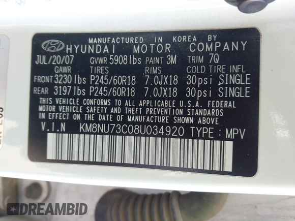 2008 Hyundai Veracruz GLS z VIN KM8NU73C08U034920, wystawiony jako IAAI lot #41880442 z przebiegiem 276 982 mil mil oraz . Historia ofert i sprzedaży dostępna na DreamBid. Obrazek 9.