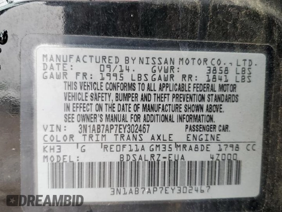 2014 Nissan Sentra SR z VIN 3N1AB7AP7EY302467, wystawiony jako Copart lot #56423835 z przebiegiem 118 520 mil mil oraz Szkoda całkowita • Salvage title. Historia ofert i sprzedaży dostępna na DreamBid. Obrazek 13.
