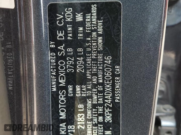 2019 Kia Forte LXS with VIN 3KPF24ADXKE060746, listed as a Copart auction lot 58748885 with 75,689 mi miles and Salvage title. Bid and sale history available at DreamBid. Image 12.