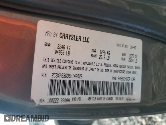 2008 Chrysler 300 Touring z VIN 2C3KA53G38H142026, wystawiony jako Copart lot #56318035 z przebiegiem 168 067 mil mil oraz Szkoda całkowita • Salvage title. Historia ofert i sprzedaży dostępna na DreamBid. Obrazek 12.