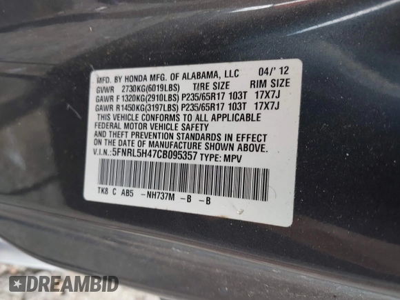 2012 Honda Odyssey EX with VIN 5FNRL5H47CB095357, listed as a IAAI auction lot 42139082 with 108,076 mi miles and . Bid and sale history available at carsss.com. Image 9.