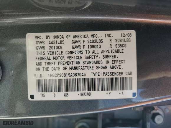 2009 Honda Accord Sdn EX-L with VIN 1HGCP26819A087045, listed as a Copart auction lot 50272215 with 251,603 mi miles and Salvage Title. Bid and sale history available at carsss.com. Image 12.