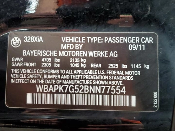 2011 BMW 3 Series 328i xDrive with VIN WBAPK7G52BNN77554, listed as a Copart auction lot 87103324 with 194,347 mi miles and Salvage Title. Bid and sale history available at carsss.com. Image 12.