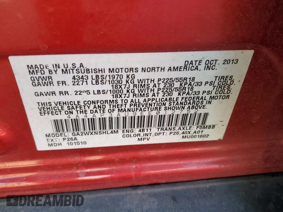 2014 Mitsubishi Outlander Sport ES with VIN 4A4AP3AU9EE012752, listed as a Copart auction lot 71365684 with 61,107 mi miles and Salvage Title. Bid and sale history available at carsss.com. Image 14.