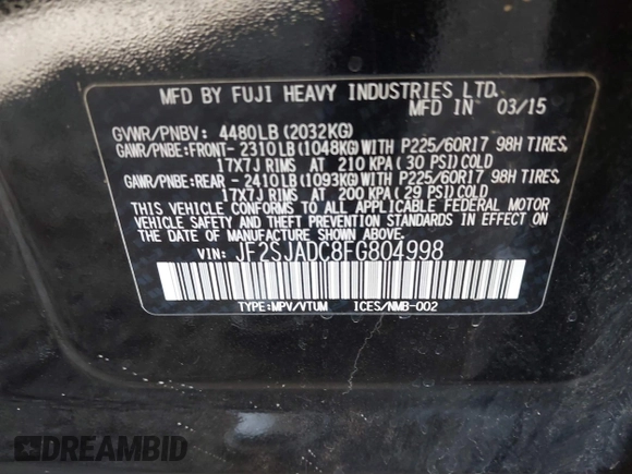 2015 Subaru Forester 2.5i Premium with VIN JF2SJADC8FG804998, listed as a IAAI auction lot 41885715 with 70,636 mi miles. Bid and sale history available at carsss.com. Image 9.